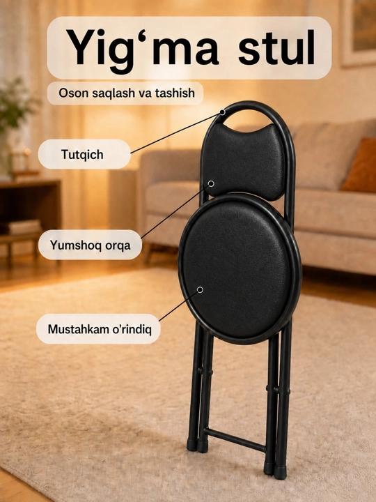 Uy, oshxona, ofis va dala hovli uchun mo‘ljallangan, 100 kg gacha og‘irlikdagi, yumshoq o‘rindiqli yig‘ma metall stul