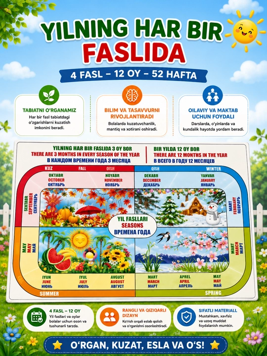 Bolalar uchun o‘quv plakatlari, alifbo, ko‘paytirish jadvali va raqamlar - 