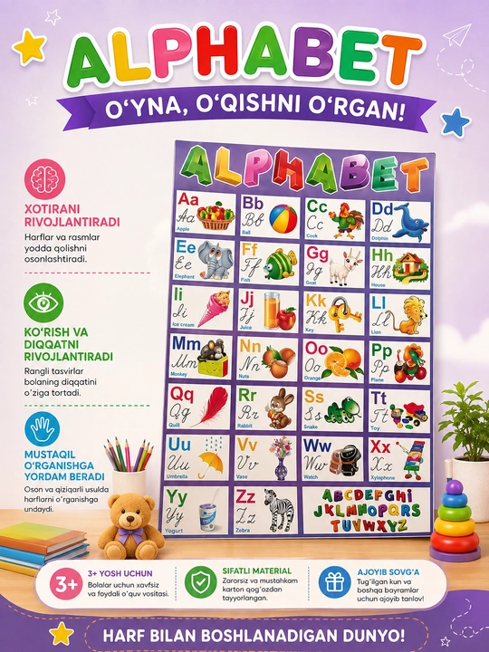 Bolalar uchun o‘quv plakatlari, alifbo, ko‘paytirish jadvali va raqamlar - 