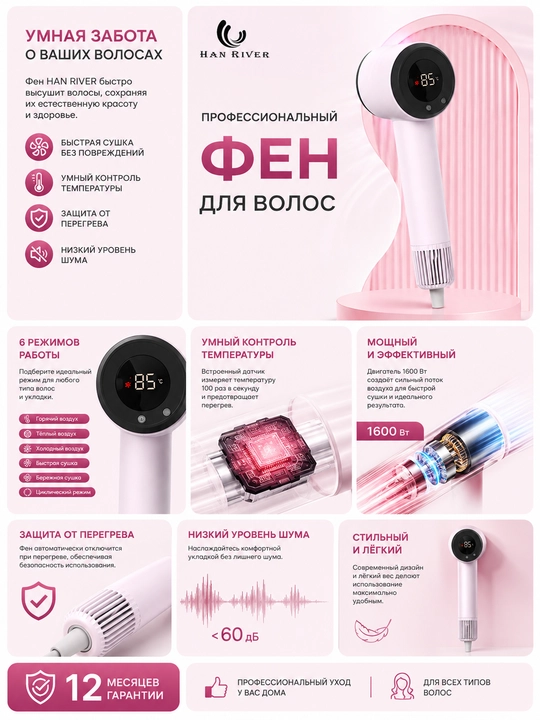 Фен с насадкой, для сушки и укладки волос, профессиональный, с ионизацией