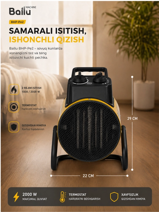Ballu BHP-Pe2 ko‘chma elektr qurilish isitish pechkasi 1000/2000 W termostatli