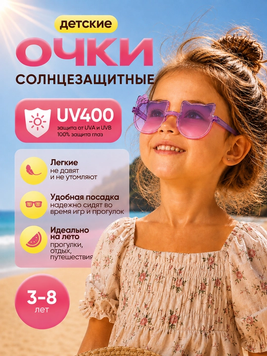 Детские солнцезащитные очки для девочки, кошачьи ушки, модные - 