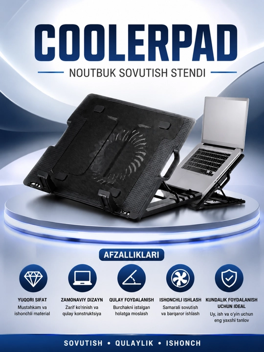 Coolerpad noutbuk sovutish stendi – 9–17" laptoplar uchun usb ventilyatorli stend - 