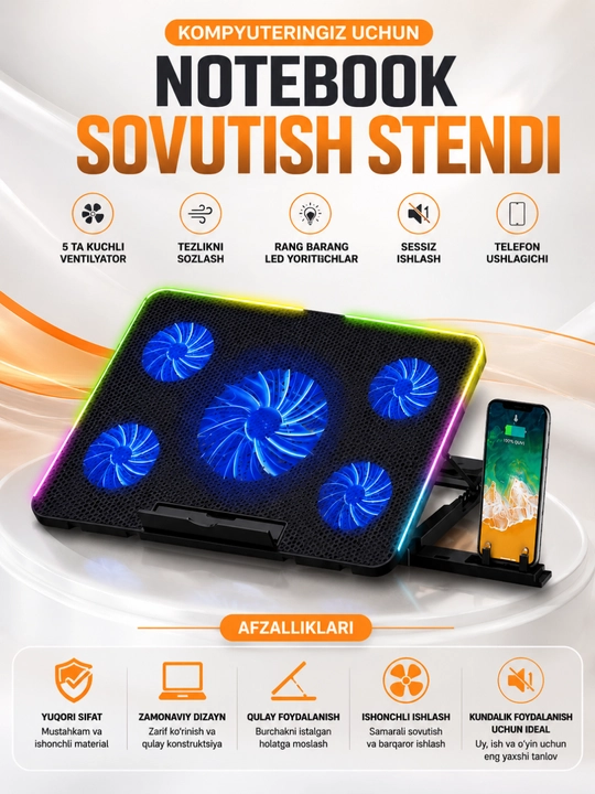 A5/a6 coolerpad noutbuk sovutish stendi – 5 ventilyatorli, rgb, usb, 9–17 dyuym - 
