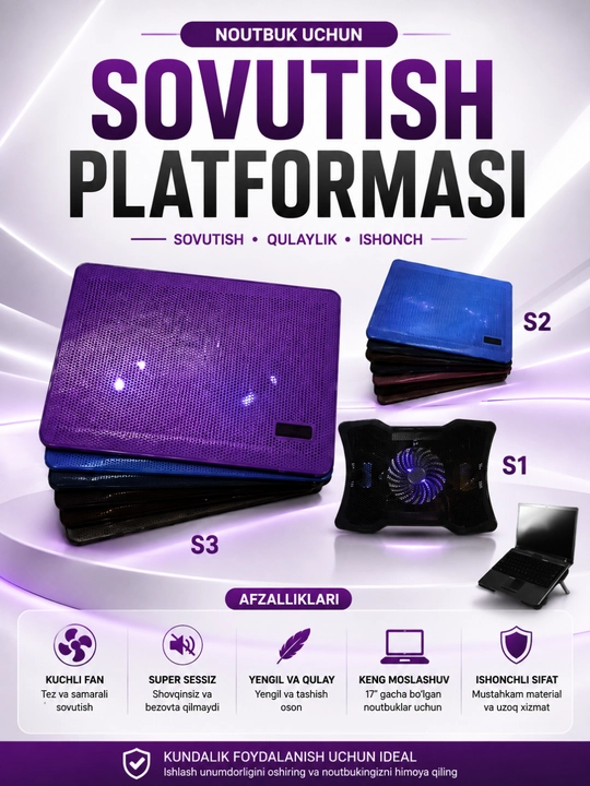 S1/S2/S3 Notebook Cooling Pad – 9–17" Noutbuklar Uchun USB Sovutish Stendi - 