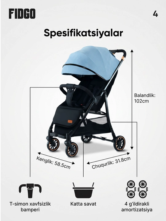 Bolalar sayr aravachasi FIDGO, kapyushon va buyumlar savati bilan