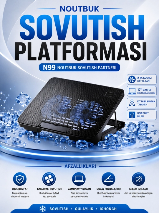 17 dyuymgacha noutbuklar uchun usb sovutgich stend – 2 ventilyatorli cooling pad - 