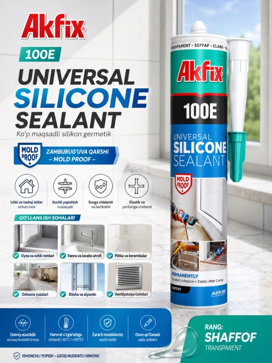 Аkfix universal silicone 100E, germetik, montaj uchun suyuq yelim
