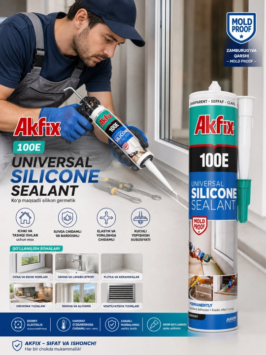 Аkfix universal silicone 100E, germetik, montaj uchun suyuq yelim