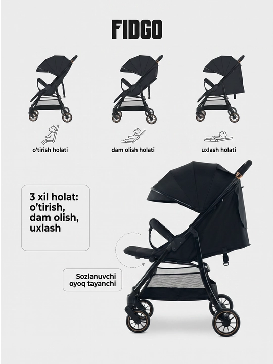 Bolalar sayr aravachasi FIDGO, kapyushon va buyumlar savati bilan