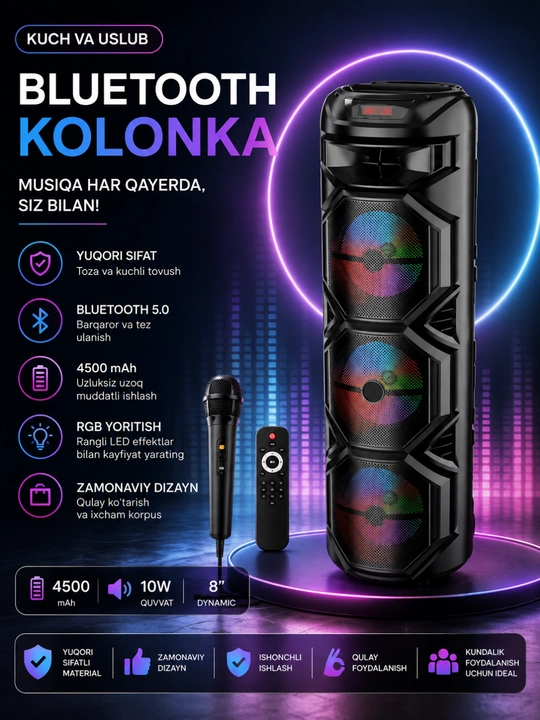 Ko‘p funksiyali Bluetooth karaoke kolonkasi RGB LED, simsiz mikrofon va pult bilan - 
