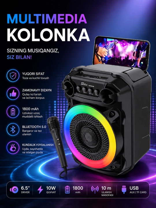 Ko‘p funksiyali portativ karnay - kuchli ovoz, zamonaviy dizayn va qulaylik - 