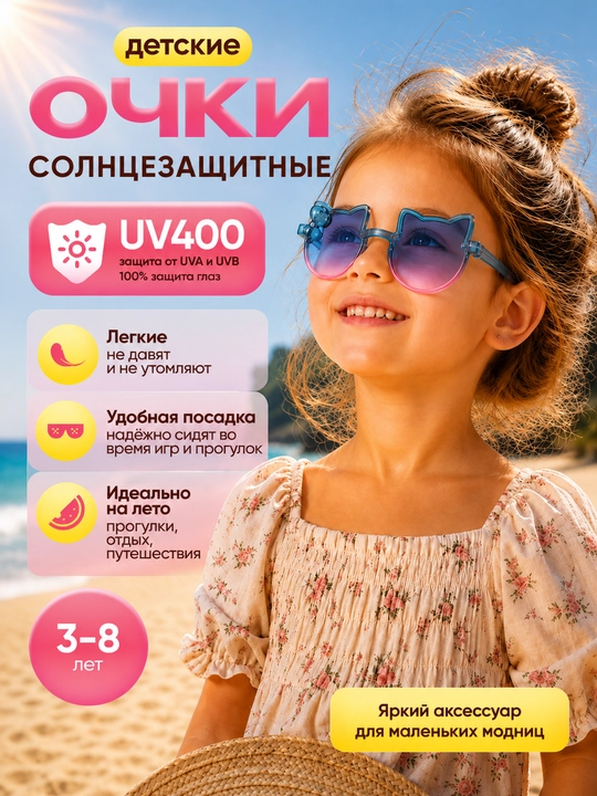Детские солнцезащитные очки для девочки, кошачьи ушки, модные - 