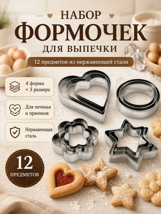 Pishiriqlar uchun metall qoliplar to‘plami, 12 dona, pechenye uchun figurali qoliplar - 