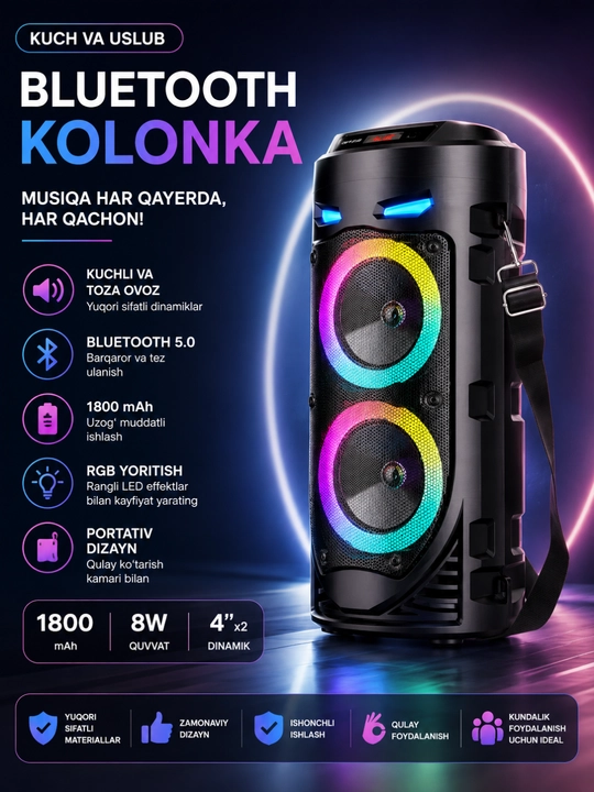 RGB LED, mikrofon va DU pulti bilan jihozlangan ko‘p funksiyali Bluetooth karaoke karnay - 