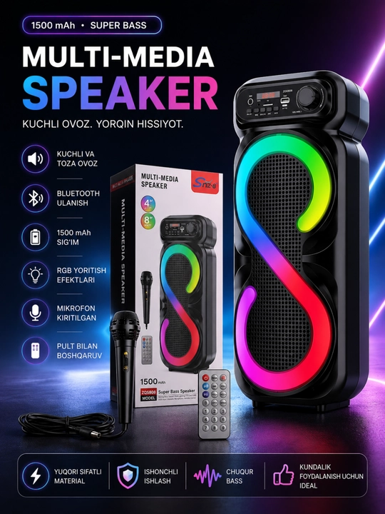 Ko'p Funksiyali Bluetooth Karaoke Kolonkasi, Mikrofon, RGB LED va Masofadan Boshqaruv - 