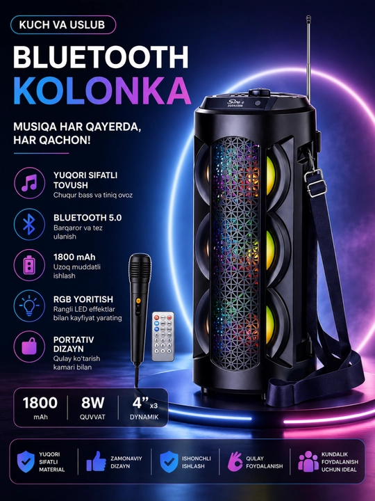 ZQS4303 Bluetooth Karaoke Kolonkasi, Mikrofon, RGB LED va Masofadan Boshqaruv Pulti - 
