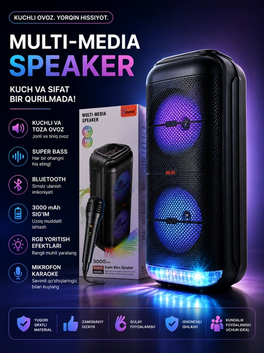 3000W Premium Bluetooth Karaoke Kolonkasi, RGB LED, Mikrofon va USB/TF Qo‘llab-quvvatlash - 