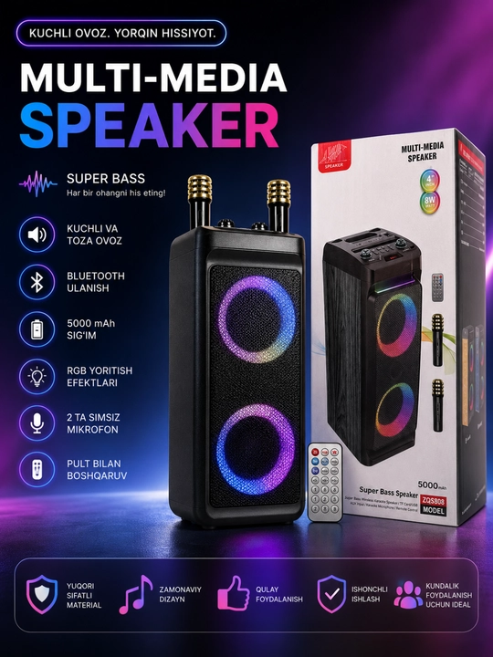 3000W Bluetooth Karaoke Kolonkasi, RGB LED, 2 ta Simsiz Mikrofon va Pult bilan - 