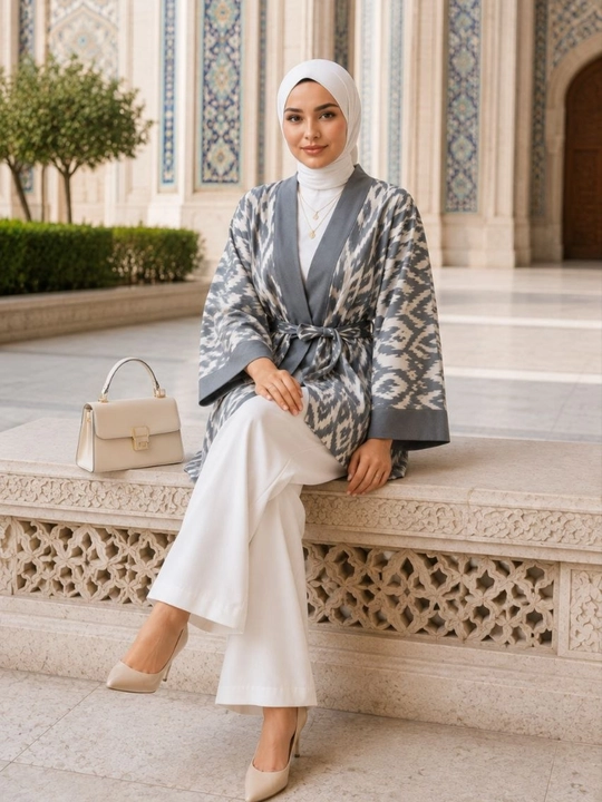 Ayollar poncho kardigan3 oversize, 48–56, milliy ikat naqshli, belbog‘li kimono