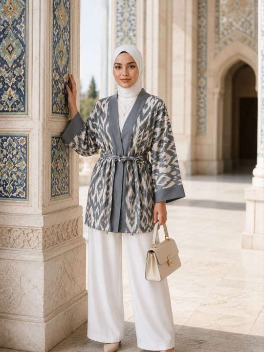 Ayollar poncho kardigan3 oversize, 48–56, milliy ikat naqshli, belbog‘li kimono