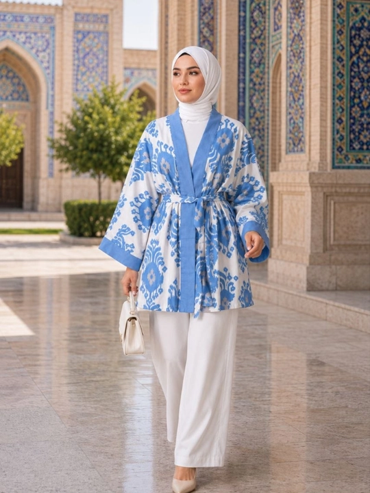 Ayollar poncho kardigan3 oversize, 48–56, milliy ikat naqshli, belbog‘li kimono