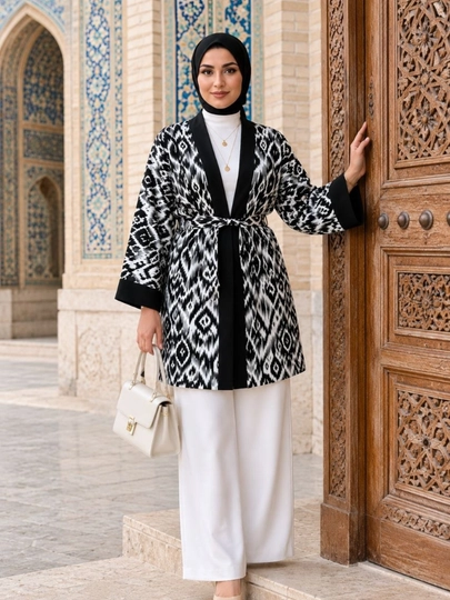 Ayollar poncho kardigan3 oversize, 48–56, milliy ikat naqshli, belbog‘li kimono