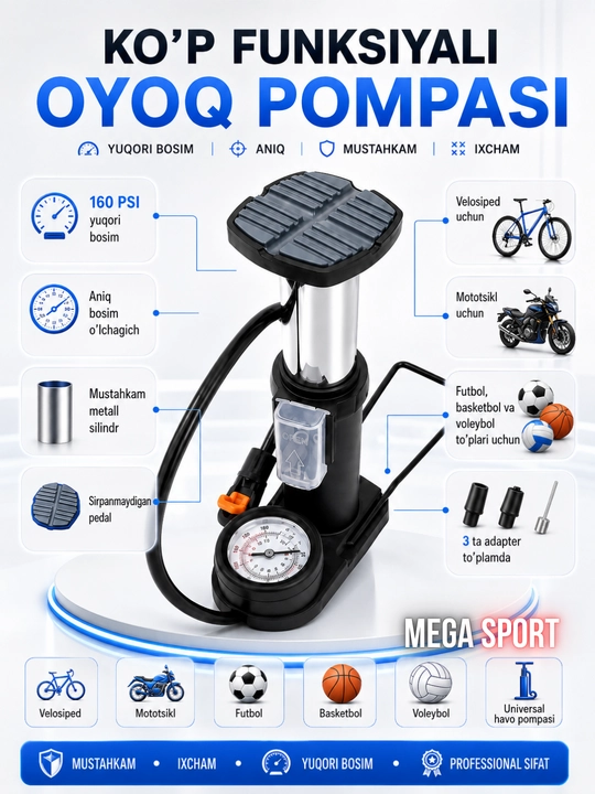 To‘p va velosipedlar uchun oyoq nasosi – manometrli, 160 PSI, adapterlar bilan - 