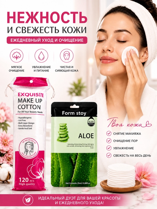Yuz parvarishi to‘plami: paxta disklari 120 dona va aloe niqobi, namlantirish - 