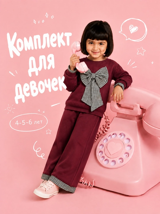 Бордовый костюм для девочки, кофта с бантом и брюки, модный нарядный комплект