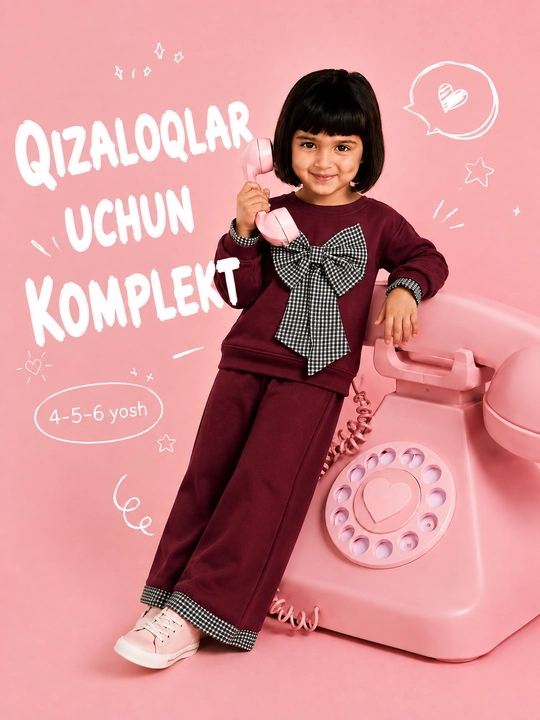 Бордовый костюм для девочки, кофта с бантом и брюки, модный нарядный комплект