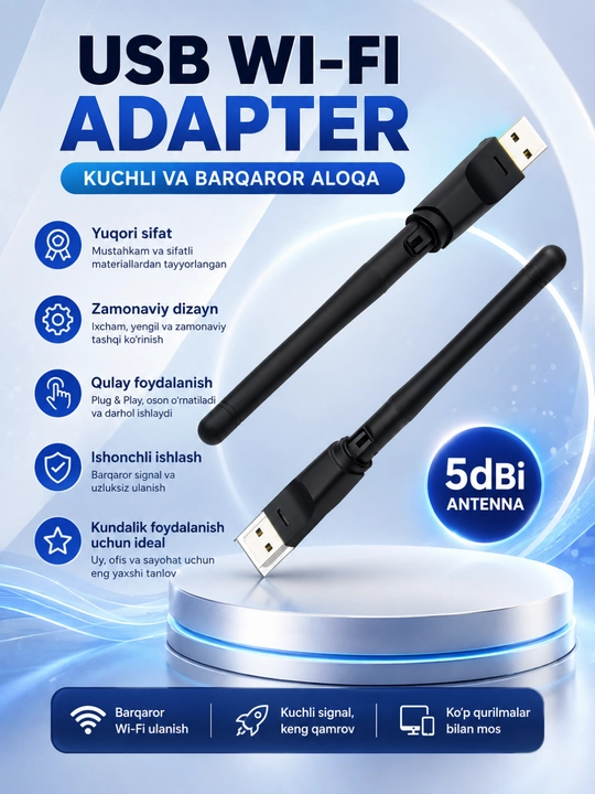 USB Wi-Fi Adapter, 150 Mbps, 2.4 GHz simsiz tarmoq qabul qilgich, USB 2.0 Plug & Play - 