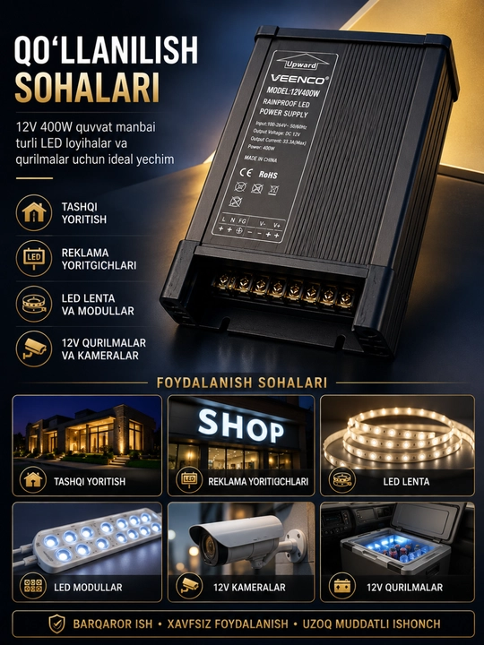 LED blok pitaniya VEENCO 12V 400W 33.3A, namlikdan himoyalangan quvvat manbai
