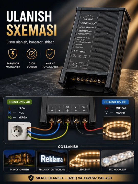 LED blok pitaniya VEENCO 12V 400W 33.3A, namlikdan himoyalangan quvvat manbai