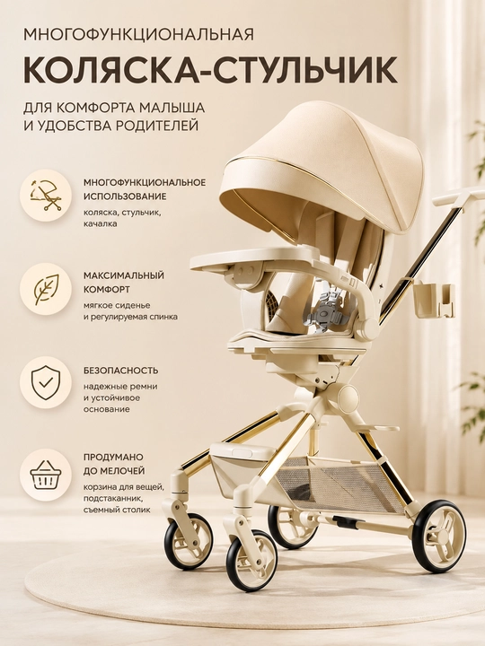 Детская коляска-стульчик 3 в 1 с регулируемой спинкой, капюшоном и столиком