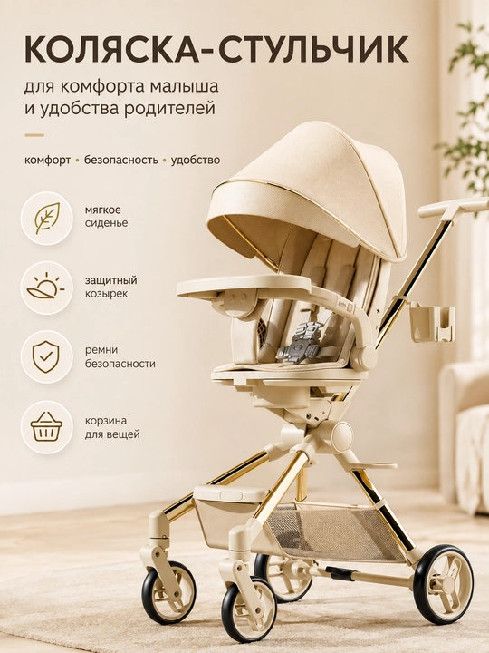 Детская коляска-стульчик 3 в 1 с регулируемой спинкой, капюшоном и столиком - 