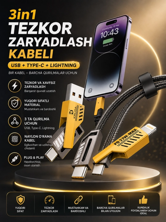 4-in-1Universal ZaryadlashKabeli USB,USB-CvaLightning Tezkor Quvvatlash va Ma'lumot Uzatish - 