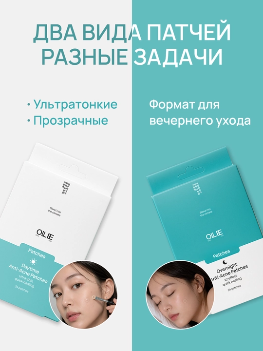 Патчи от прыщей OLLEE дневные и ночные, гидроколлоидные патчи для лица, 24 шт