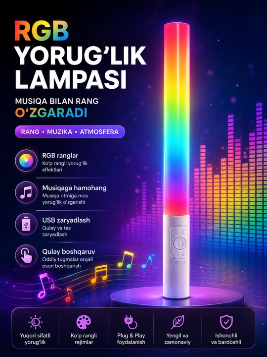 MJ-25 RGB Light Stick – Musiqaga hamohang LED yorug‘lik tayoqchasi, USB zaryadlanadi - 
