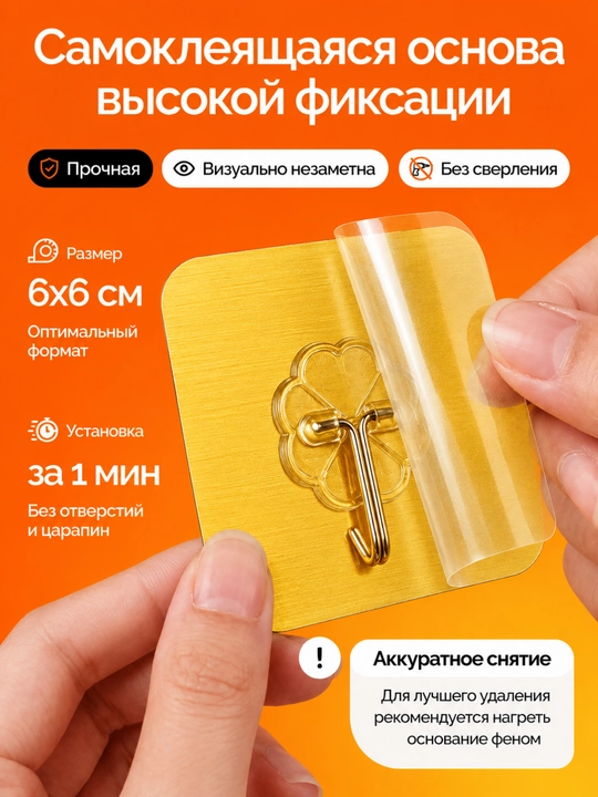 Крючки самоклеящиеся настенные для ванной и кухни, 6 штук
