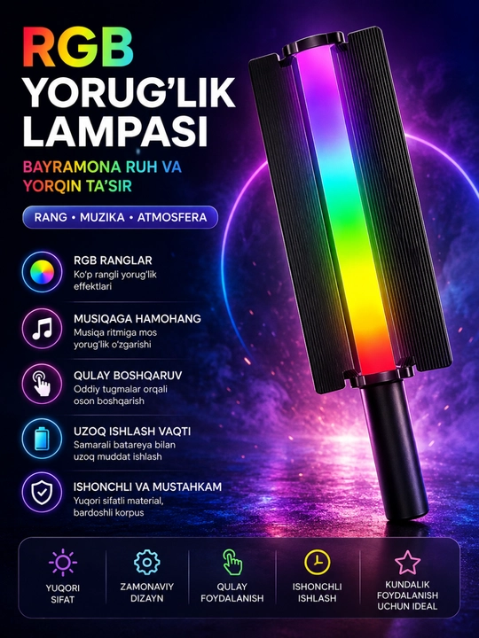 MJ-27 RGB Light Stick - Rangli LED chiroq, yorqinlikni sozlash, USB zaryadlash - 