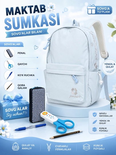 Maktab sumkasi, maktab ryukzagi, qizlar uchun sumka, qizlar ryukzagi, maktab sumka, penal - 