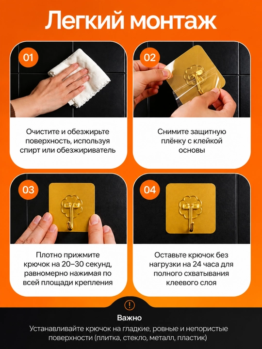 Крючки самоклеящиеся настенные для ванной и кухни, 6 штук
