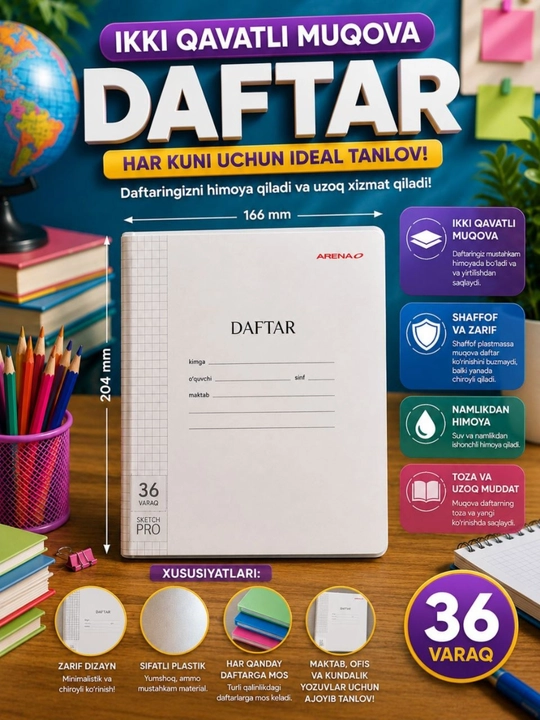 Usti plastik muqovalik daftarlar, 12, 18, 36, 48, 96 varoqlik