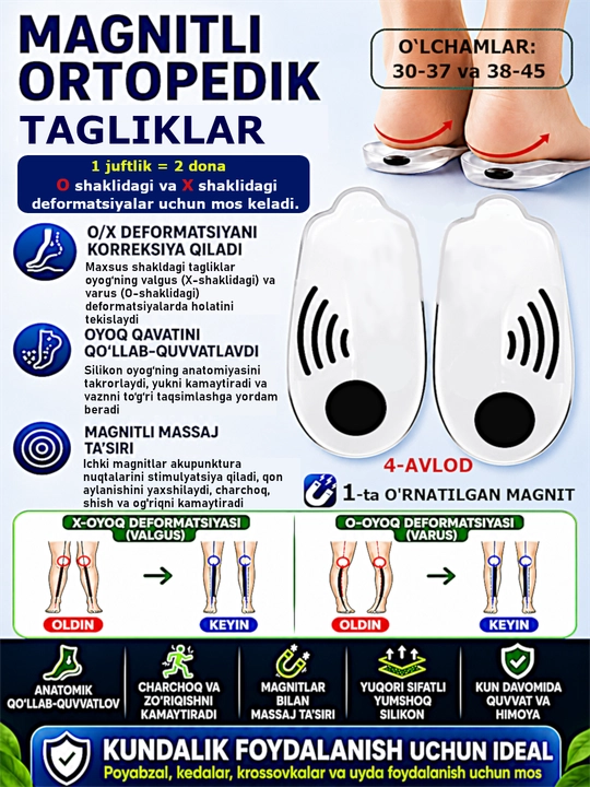 Oyoq kaftining tuzatish uchun magnitli ortopedik tagliklar