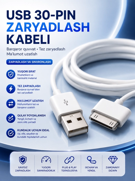 IPhone 4 uchun zaryadlash kabeli USB tez zaryad va ma’lumot uzatish - 