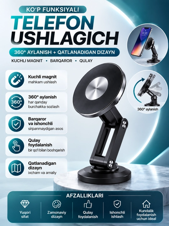 Telefon uchun magnitli tutqich360° burilishi mumkin bo‘lgan yig‘iladigan stol tagligi, MagSafe bilan mos keladi - 