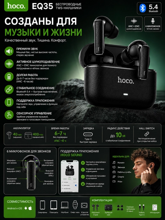 IPhone va Android uchun HOCO va Borofone simsiz quloqchinlar, sensorli
