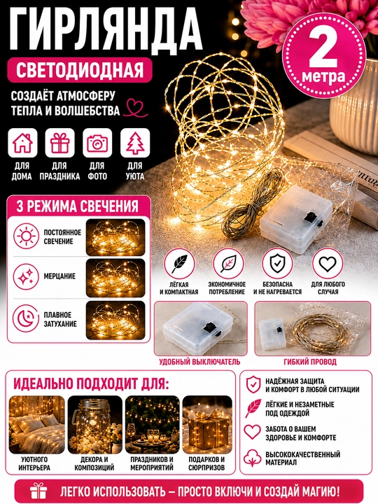 LED микро гирлянда нить 2 метра праздничный интерьерный декор украшение, день рождения - 