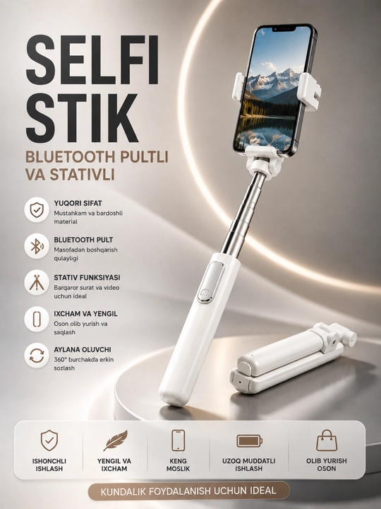 Tripodli 4x1 selfi tayoqchasi, Bluetooth pulti, teleskopik, universal - 